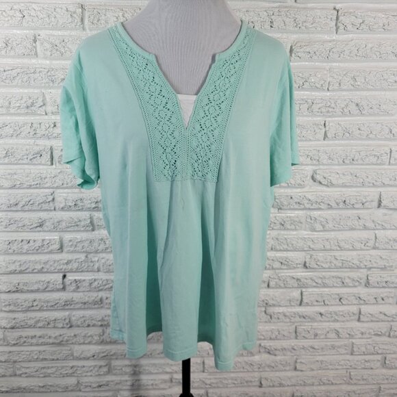 Basic Editions Womens Top 2X Plus Short Sleeve Blue Cotton Crochet Trim BLU132E - Picture 1 of 7